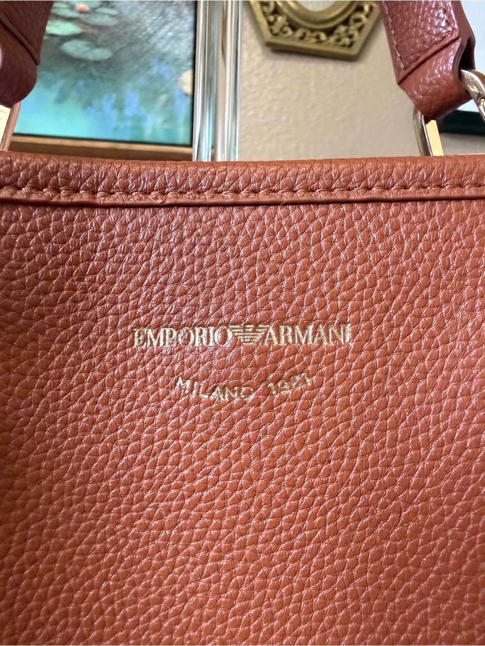 💯Auth! Emporio Armani Saddle Brown Leather Bag Tote Branded Strap Gold Hardware - Picture 6 of 16